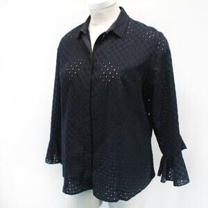 Finley Plus Black Blouse Shirt Button Perforated Fabric 100% Cotton Casual 2X